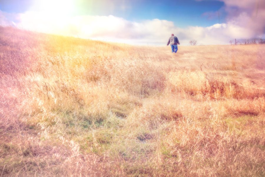 Woman walking through prairie pasture.